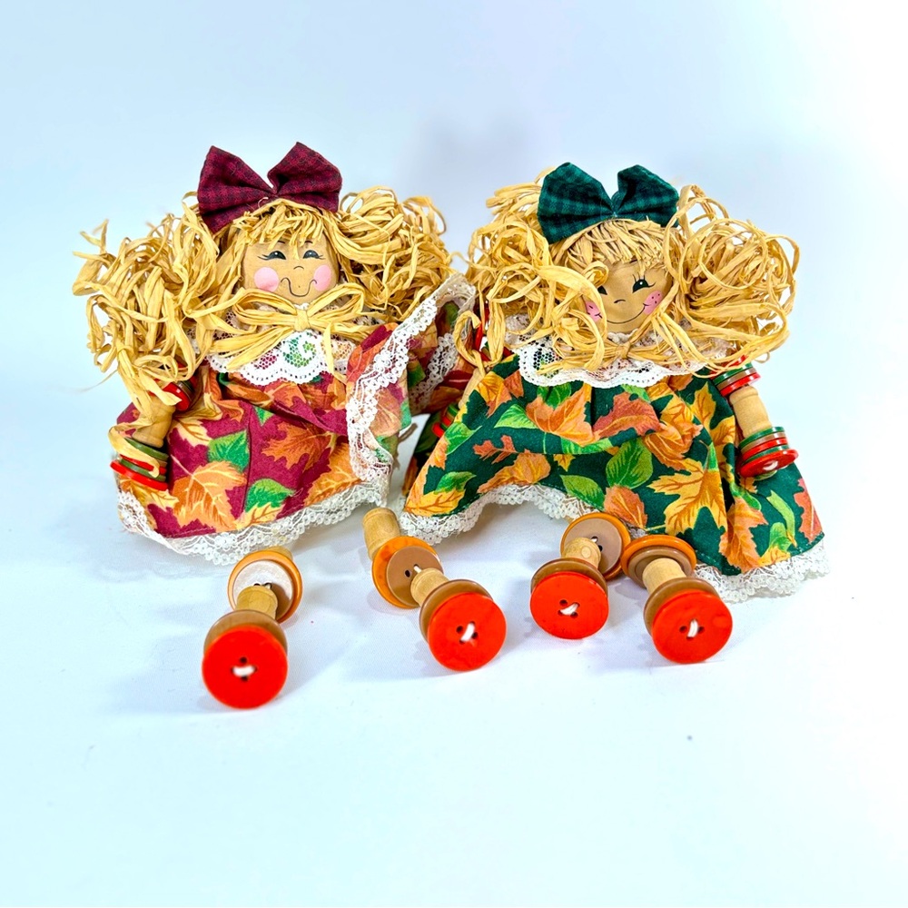 Pair Of Straw Button Girl Shelf Sitter Dolls Autumn Theme